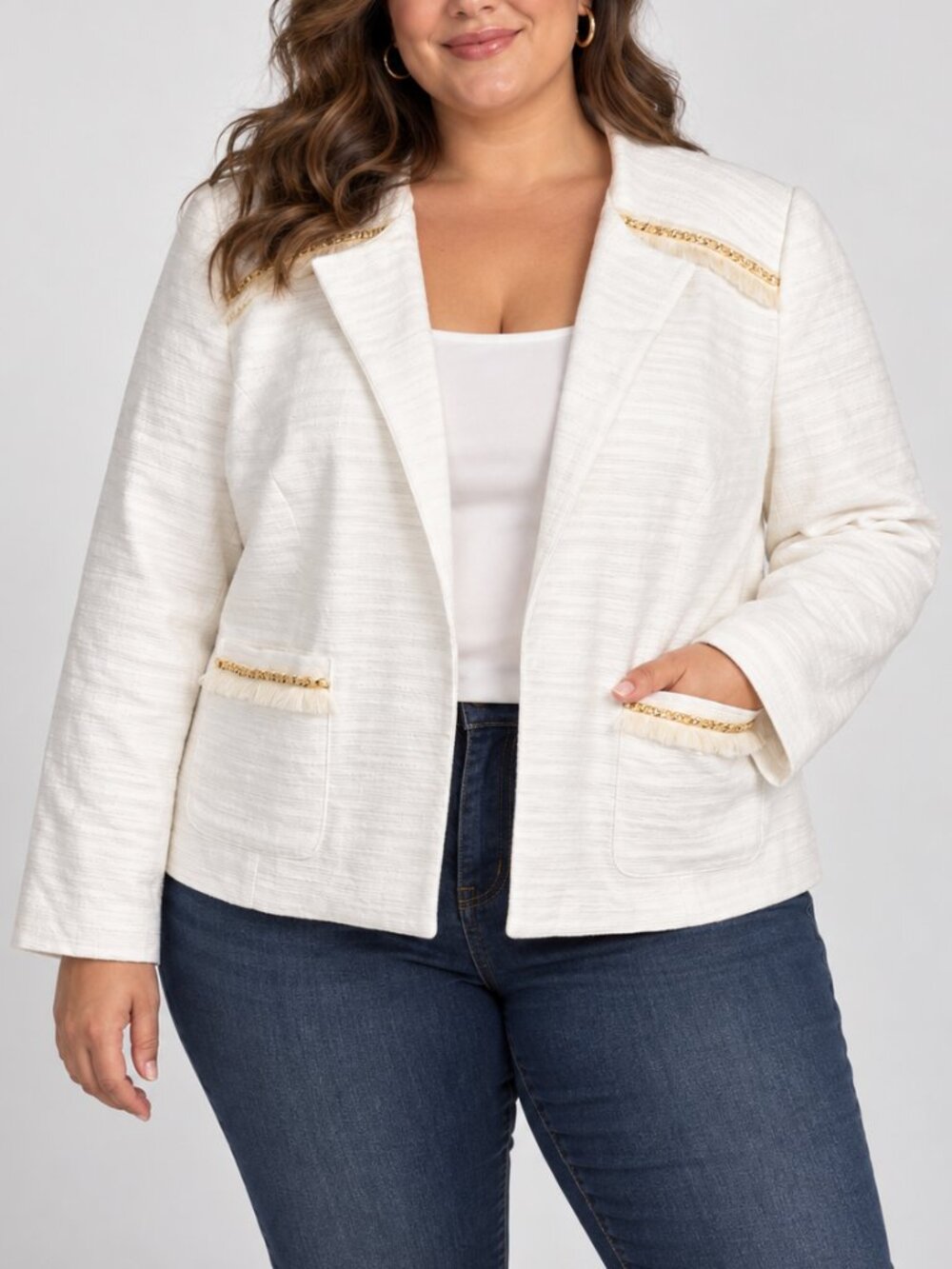 NWT The Limited Marshmallow Tweed Blazer Gold Chain Fringe Linen Plus Size 18W